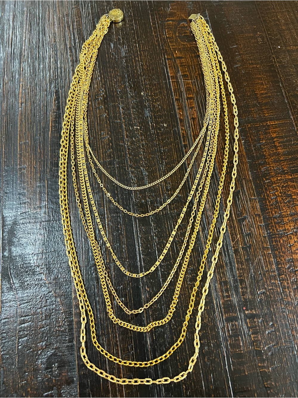 Vintage Gold Tone Multi Strand Waterfall Chain Necklace Filigree Clasp 38”